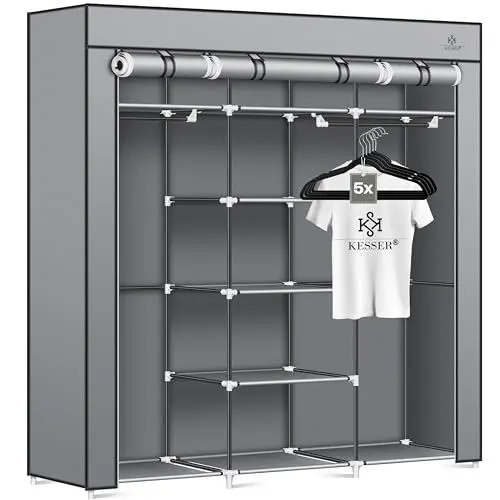 Produktbild: KESSER® Kleiderschrank Stoffschrank Stabil mit Kleiderstange & Ablagen, Inkl. 5X Kleiderbügel, Stoff Faltschrank für Schlafzimmer, Ankleidezimmer Garderobe mit Kleiderständer 150x45x175cm Grau