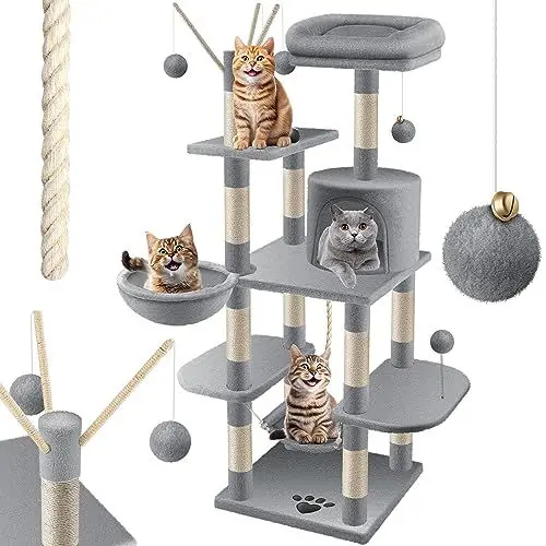 Produktbild: LOVPET® Kratzbaum XXL Katzenbaum Kletterbaum, mit Hängematte, Sisalstämmen, Stabil, Höhle, Spielbälle, Spielsisal & Spielseil, Höhe 149cm, mit vielen Kuschel- und Spielmöglichkeiten, Hellgrau