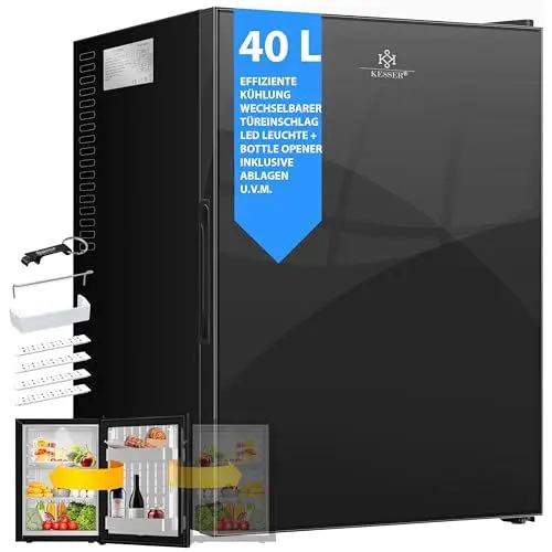 Produktbild: KESSER® Mini Kühlschrank 40L mit Glasfront Minibar ideal für Camping, Büro, Schlafzimmer, Hotel, Küche kleiner Kühlschrank komplett lautlos, wechselbarer Türanschlag, Innenbeleuchtung inkl. Glasöffner