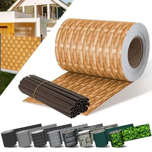 Produktbild: KESSER® PVC Sichtschutzstreifen Sichtschutz Rolle Doppelstabmatten Zaun Blickdicht 35m x 19 cm | 30 Befestigungsclips Wetterfest Windschutz | Zaunfolie Sichtschutz Garten Gartenzaun Rattan - Hellbraun