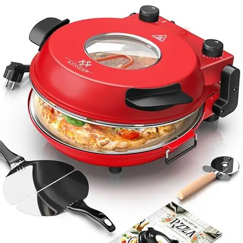 Produktbild: KESSER® Pizza-Ofen elektrisch bis 400 Grad | Elektrischer Pizzabäcker 1200W mit feuerfester Steinplatte & Timer Durchmesser 32cm | 5 Heizstufen & Sichtfenster | inkl. Pizzaschneider & Rezeptbuch