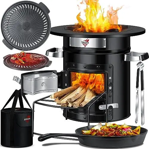 Produktbild: KESSER® Raketenofen inkl. Grillpfanne aus Gusseisen, Grillplatte, Grillzange & Tragetasche | Dutch Oven BBQ Rakete Holzofen Camping | Outdoor-Campingkocher Campinggrill Edelstahl Schwarz