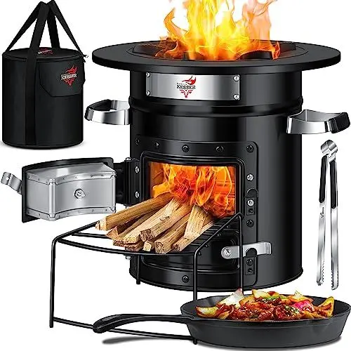 Produktbild: KESSER® Raketenofen mit Grillpfanne aus Gusseisen | inkl. Grillzange & Tragetasche | Dutch Oven 6 integrierte Spikes | BBQ Rakete Holzofen | Camping Outdoor-Campingkocher | Campinggrill Edelstahl