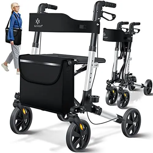 Produktbild: KESSER Rollator Aluminium Set, Leichtgewicht-Reiserollator mit Vollausstattung, 3-fach faltbar für Kofferraum klappbar Reise und Flug, Höhe verstellbar, Gurt, Stockhalter Gehwagen Laufhilfe Gehhilfe