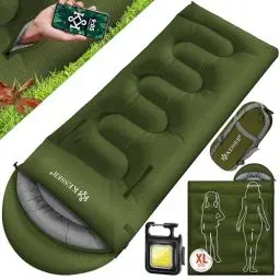 Produktbild: KESSER® Schlafsack Outdoor 175cm x 83cm | Deckenschlafsack 3-4 Jahreszeiten | Camping-Sleeping-Bag für Kinder | Leicht Tragbar Warm & Wasserabweisend inkl. Campinglampe & Seitentasche Khaki