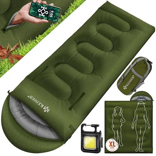 Produktbild: KESSER® Schlafsack Outdoor 175cm x 83cm | Deckenschlafsack 3-4 Jahreszeiten | Camping-Sleeping-Bag für Kinder | Leicht Tragbar Warm & Wasserabweisend inkl. Campinglampe & Seitentasche Khaki
