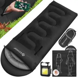 Produktbild: KESSER® Schlafsack Outdoor 175cm x 83cm | Deckenschlafsack 3-4 Jahreszeiten | Camping-Sleeping-Bag für Kinder | Leicht Tragbar Warm & Wasserabweisend inkl. Campinglampe & Seitentasche Schwarz