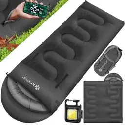 Produktbild: KESSER® Schlafsack Outdoor 220cm x 83cm | Deckenschlafsack 3-4 Jahreszeiten | Camping-Sleeping-Bag für Erwachsene | Leicht Tragbar Warm & Wasserabweisend inkl. Campinglampe & Seitentasche Anthrazit