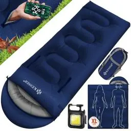 Produktbild: KESSER® Schlafsack Outdoor 220cm x 83cm | Deckenschlafsack 3-4 Jahreszeiten | Camping-Sleeping-Bag für Erwachsene | Leicht Tragbar Warm & Wasserabweisend inkl. Campinglampe & Seitentasche Navyblau