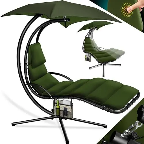Produktbild: KESSER® Schwebeliege mit Sonnenschirm, Hängeliege, Sonnenliege H200, L194, B100 cm, Relaxliege, Schaukelliege Hängematte, bis 120 kg belastbar, Schaukelliege, Auflagen - Nackenkissen, Inkl. Tasche