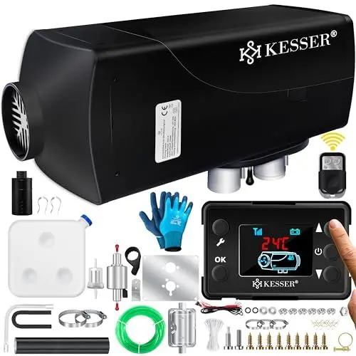 Produktbild: KESSER® Standheizung 8KW für Diesel | Dieselheizung mit LCD-Display und Fernbedienung | Lufterhitzer mit Schalldämpfer für Auto PKW LKW Wohnmobil | Heizung & Timer sowie Thermostat | 12V/24V Schwarz