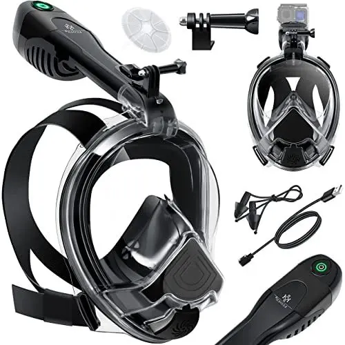 Produktbild: KESSER® Tauchmaske Schnorchelmaske Mit Elektrischem Lüfter Vollmaske Vollgesichtsmaske CO2-Standard-Tauchermaske Inkl. Kamerahaltung für Kinder und Erwachsene Müheloses Atmen 180° Sichtfeld, Schwarz