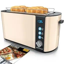 Produktbild: KESSER® Toaster mit Brötchenaufsatz, Langschlitz 4 Scheiben mit 6 Bräunungsstufen + Auftau- & Aufwärmefunktion, Abschaltautomatik, Liftfunktion, inkl. Krümelblech und Rezeptbuch Beige