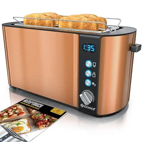 Produktbild: KESSER® Toaster mit Brötchenaufsatz, Automatik-Langschlitztoaster mit 6 Bräunungsstufen + Auftau- & Aufwärmefunktion, Abschaltautomatik, Liftfunktion, inkl. Krümelblech und Rezeptbuch Kupfer