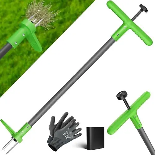 Produktbild: KESSER® Unkrautstecher mit Stiel | Unkrautentferner mit T-Griff & Fußpedal | Gartenwerkzeug effizientes Entfernen von Unkraut 3 Stahlzähne & Sprungfeder | Wurzelentferner mit Handschuhe & Schutzkappe