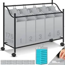 Produktbild: KESSER® Wäschekorb Wäschesammler Wäschesortierer mit 5 abnehmbaren Stofftaschen | 5 Fächer x 35 Liter | Wäschebox mit 12 Waschhinweisen 360° Rollen mit Bremse Wäsche-Sortiersystem Wäschewagen Bunt