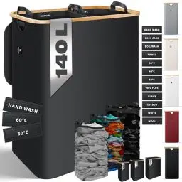 Produktbild: KESSER® Wäschekorb mit Deckel faltbar Wäschebox Wäschetruhe Wäschetonne | Wäschesammler mit herausnehmbaren Wäschesäcke | Laundry Baskets Wäschesortierter inkl. Waschhinweisen (Schwarz, 140 L)