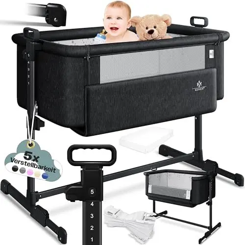Produktbild: KESSER® Zustellbett Hubi 3in1 Baby Beistellbett Reisebett Babybett mit weich Matratze, mit Rollen Kinderbett, 5-Fach Höhenverstellung, Faltbare Seitenwand für Zuhause und Unterwegs, Schwarz