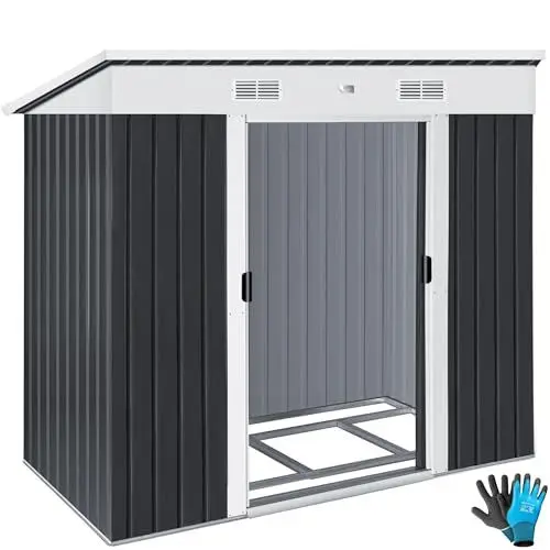 Produktbild: KESSER® - Gerätehaus L Metall 4 m³ mit Fundament | 210x132x186 cm | 2X Schiebetür & Fundament | Geräteschuppen | Gartenhaus Schrank | Pultdach Garten Schuppen, Ink. Arbeitshandschuhe, Anthrazit