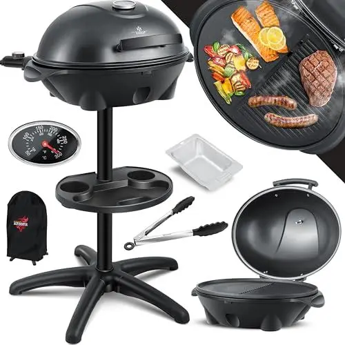 Produktbild: KESSER® elektrischer Elektrogrill 2in1 Tischgrill-Standgrill mit Deckel Standfuß, max. 2400 Watt Thermometer, Antihaftbeschichtung XXL Grillplatte, Ablagefläche Elektro-Säulengrill, Inkl. Grill- Set