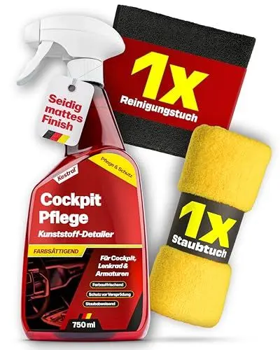 Produktbild: KESTRAL® Auto Cockpitpflege Set mit Staubtuch & Mikrofasertuch - Kunststoff-Detailer mit MATT-Effekt - Materialschonende Pflege für Cockpit, Lenkrad & Armaturen im Autoinnenraum - Made in Germany