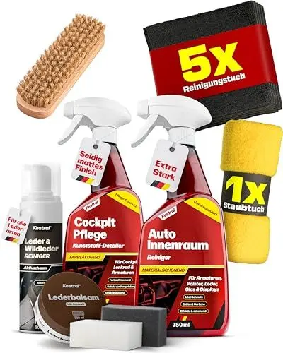 Produktbild: KESTRAL® Auto Innenraumpflege Set + Lederpflege-Set mit 5X Mikrofasertüchern, 1x Staubtuch & Bürste - entfernt effektiv Schmutz - besondere Pflege durch Cockpitpflege & Lederbalsam - Made in Germany