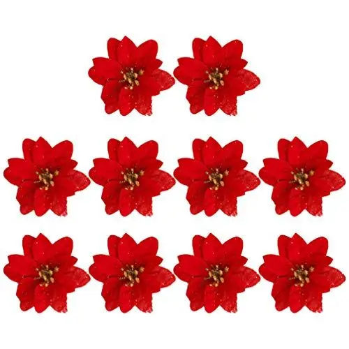 Produktbild: KESYOO 10Pcs Glitter Weihnachtsblume Weihnachtssterne Urlaub Weihnachten Baumschmuck Ornamente Weihnachten DIY Handwerk Rot