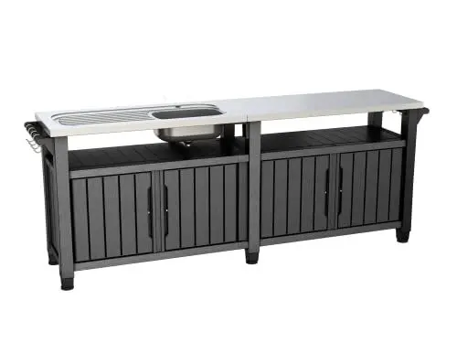 Produktbild: Keter BBQ Beistelltisch Unity Chef, Schwarz, mit großer Edelstahl-Arbeitsfläche und Spüle, 237x513x89,4cm, perfekt für das Grillen im Frühling