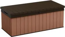 Produktbild: Keter Darwin Auflagenbox, Kissenbox, 380 l, Braun – Hydraulisches Kolbensystem mit Gasdruckfeder für Deckel, Abschließbar, Pflegeleicht, Holzoptik, Polsterbox