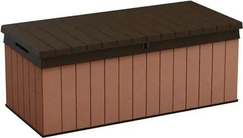 Produktbild: Keter Darwin Auflagenbox, Kissenbox, 380 l, Braun – Hydraulisches Kolbensystem mit Gasdruckfeder für Deckel, Abschließbar, Pflegeleicht, Holzoptik, Polsterbox