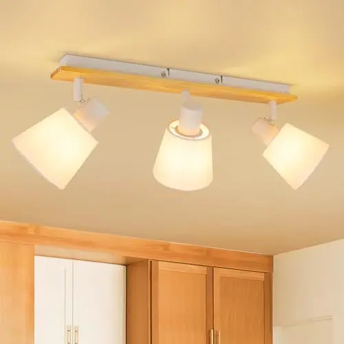 Produktbild: Ketom Deckenstrahler LED Holz Schwenkbar - Stoff Strahler Deckenleuchte 3 Flammig - E14 Deckenlampe Spots Weiß für Küche, Wohnzimmer, Schlafzimmer - Ohne Leuchtmittel