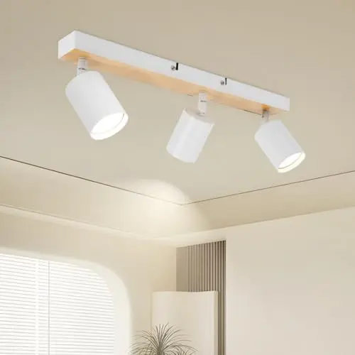 Produktbild: Ketom Deckenstrahler LED Schwenkbarer - Deckenleuchte 3 Flammig - GU10 Deckenlampe Deckenstrahler Holz Weiß - Modern Strahler - Ohne Leuchtmittel