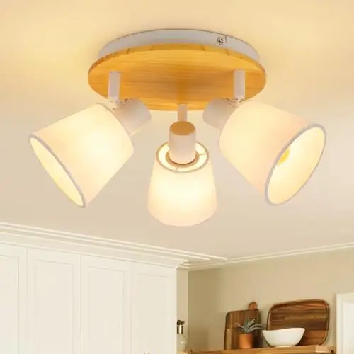 Produktbild: Ketom E14 Deckenstrahler LED Holz Schwenkbar 350° - Strahler Deckenleuchte 3 Flammig Rund - Stoff Deckenlampe Spots Weiß für Küche, Wohnzimmer, Schlafzimmer - Ohne Leuchtmittel