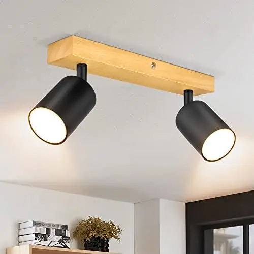 Produktbild: Ketom GU10 Deckenstrahler LED Schwarz - Holz Deckenlampe 2 Flammig - LED Deckenleuchte Schwenkbar - Modern Strahler Deckenspot - Ohne Leuchenmittel