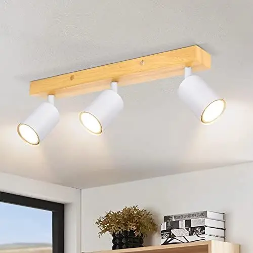 Produktbild: Ketom GU10 Deckenstrahler LED Weiß - Deckenstrahler 3 Flammig Holz - LED Deckenleuchte Schwenkbar - Modern Strahler Deckenspot - Deckenlampe Spot - Ohne Leuchtmittel
