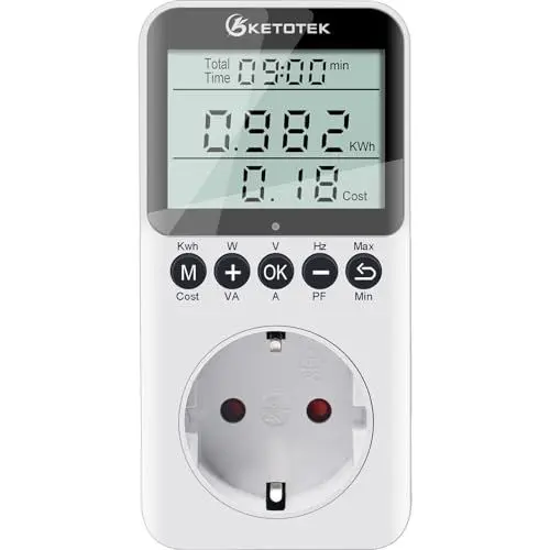 Produktbild: KETOTEK Stromzähler für Steckdose, Energiekostenmessgerät Strommessgerät mit LCD Bildschirm, Stromverbrauchsmesser, Stromzähler für Zuhause, Überlastsicherung 3680W