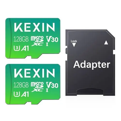 Produktbild: KEXIN 128GB Micro SD Karte 2er-Pack MicroSDXC Speicherkarte + SD Adapter für Action-Kamera GoPro Drohne und Tablet, Lesegeschwindigkeit bis zu 95MB/s, 4K UHD-Videoaufnahme TF Card, C10, U3, A1, V30