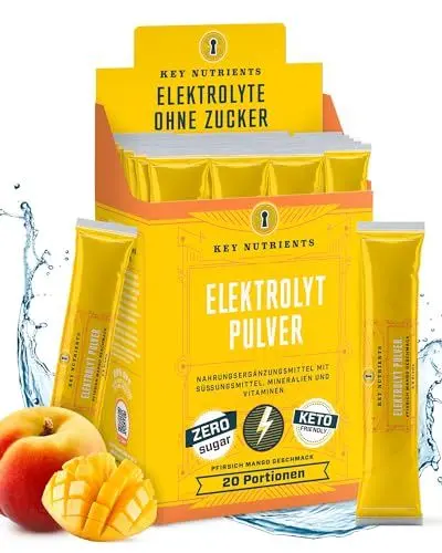 Produktbild: Key Nutrients Elektrolyte Pulver - Pfirsich-Mango - 20 Portionen - Elektrolyte Ohne Zucker - Keto Elektrolyt Pulver : Glutenfreies Ohne Zucker - Zusatz: Magnesium, Kalium - Electrolyte Powder