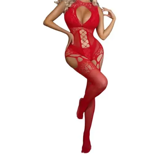 Produktbild: KeyinBox Sexy Rot Netz body dessous Catsuit Unterwäschen Babydoll Reizwäsche Dessous für Damen Bodystocking Netz Strumpfhose Fishnet Jumpsuit Frauen Bodysuit Nachtwäsche outfit sets ouvert für sex