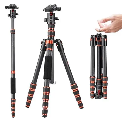 Produktbild: K&F Concept 152cm Carbon Stativ, Leichtes Tripod, Flexibles Kamera Stativ mit 360° Kugelkopf, 1/4'' Gewinde, Tragtasche für DSLR Camera A225C0+BH-25L