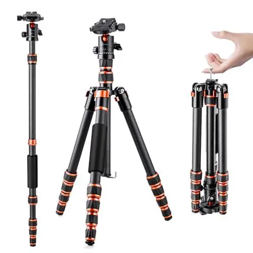Produktbild: K&F Concept 152cm Carbon Stativ, Leichtes Tripod, Flexibles Kamera Stativ mit 360° Kugelkopf, 1/4'' Gewinde, Tragtasche für DSLR Camera C225C0+BH-25(BA225)