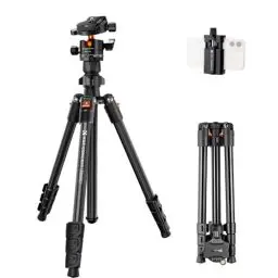 Produktbild: K&F Concept K234A0 Handy-Stativ mit CNC BH-28L Kugelkopf,163cm Kamera Stativ, Tripod für Smartphone mit Handyhalterung, Aluminium Reisestativ, Max. Tragfähigkeit 10KG