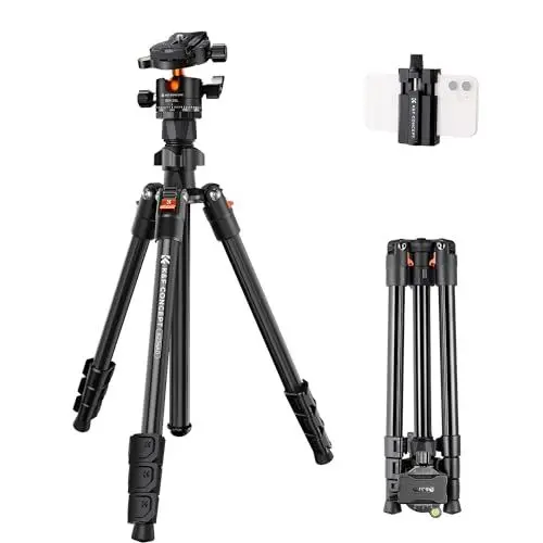 Produktbild: K&F Concept K234A0 Handy-Stativ mit CNC BH-28L Kugelkopf,163cm Kamera Stativ, Tripod für Smartphone mit Handyhalterung, Aluminium Reisestativ, Max. Tragfähigkeit 10KG