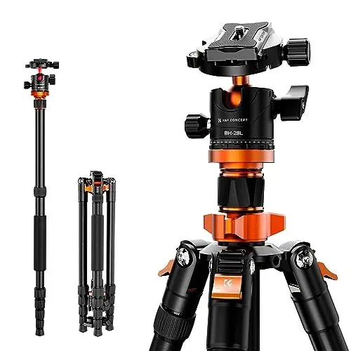 Produktbild: K&F Concept Kamera Stativ, Tripod mit 360°Kugelkopf, Tragbares Stativ für DSLR Canon Nikon Sony, Aluminium Fotostativ Einbeinstativ K255A4+BH-28L