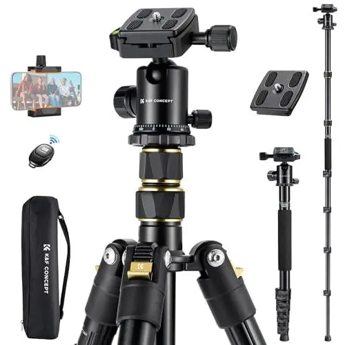 Produktbild: K&F Concept Kamerastativ,184cm Handy Kamera-Stativ, Leichtes Tripod mit Handyhalterung und Fernauslöser, Tragbares Fotostativ für Kamera und Smartphone, Aluminium Stativ mit 2 Schnellwechselplatten