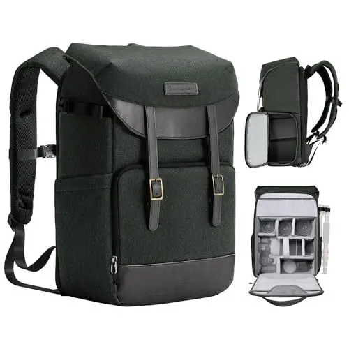 Produktbild: K&F Concept Kamerarucksack Rolltop Fotorucksack Wasserdicht Robuste Rucksack-Stofftaschen aus Stoff für Spiegelreflexkamera Canon Nikon Sony Fujifilm Olympus und 15,6 Zoll Laptop(Grau)
