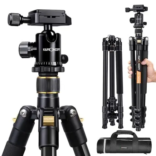 Produktbild: K&F Concept® TM2324 Kamerastativ Reisestativ Fotostativ Kamera Stativ für Canon Nikon Sony Spiegelreflexkamera aus Aluminium inkl. Kugelkopf Schnellwechselplatte und Stativtasche 156cm