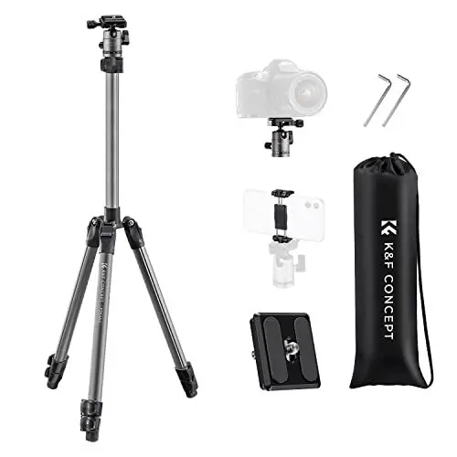 Produktbild: K&F Concept Ultral-leicht Kamera Handy Stativ, Tripod mit 168cm Höhe, Alu Reisestativ für DSLR Kamera, Stativ für Smartphone mit Handy Halterung,Stativ mit CNC-Kugelkopf, Schnellwechselplatte F263A4
