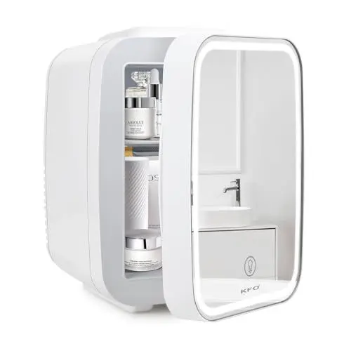 Produktbild: KFO Tragbarer gespiegelter Schönheitskühlschrank mit LED-Beleuchtung, 6 Liter tragbarer Minikühlschrank für Make-up, 4 Liter/6 Kann 3 LED Spiegel Licht Modus, für Make-up Storag (Weißer Spiegel-4L)