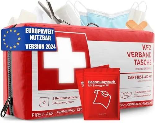 Produktbild: KFZ Verbandstasche nach aktueller Norm 2025 inkl. Beatmungstüchern - KFZ Verbandskasten europaweit nutzbar - Erste Hilfe Set Verbandkasten DIN 13164:2022 (StVO konform)